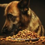 Немецкая овчарка ест сухой корм